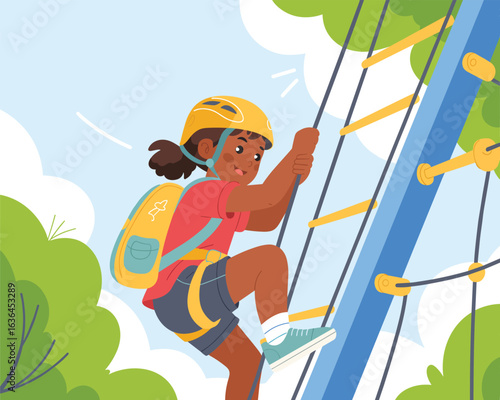 A brave young girl with a helmet climbing a rope ladder in an adventure park illustration.