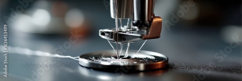 Sewing machine needle stitching fabric with white thread in a workshop