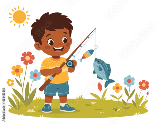 Cheerful cartoon of a little boy happily fishing and catching a fish on a sunny day