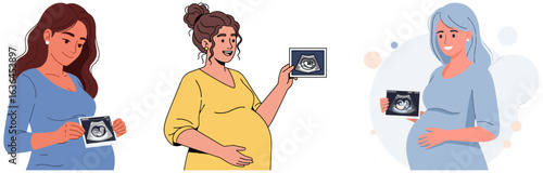 Expectant Mothers Displaying Ultrasound Images with Joyful Anticipation, Illustration on White Background