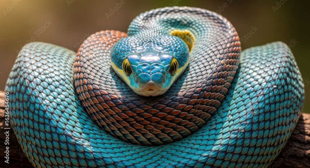 Fototapeta premium Beautiful Blue Snake Coiled on a Branch Close Up