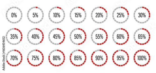 Progress bars. Template of red and gray color fill pie charts indicator. Round graph loading progress set. Circle diagrams icons for infographics from 0 to 100 percent. Round percentage infographics e