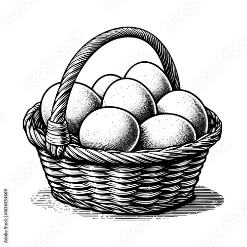 eggs on basket in Detailed Engraving Style Black and White. Isolated on trasnparent background. 