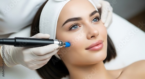 Wallpaper Mural Woman receiving hydrafacial treatment with gloved hands holding the device close up Torontodigital.ca