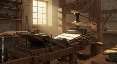 Historic printing press in a sunlit workshop