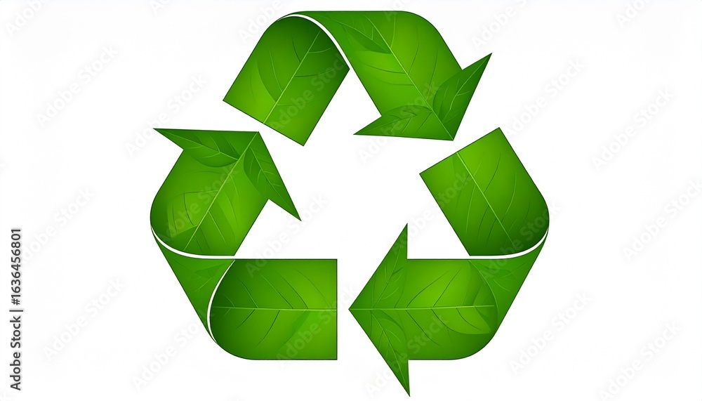 Obraz premium A vibrant green recycling symbol composed of detailed leaf textures, illustrating the concept of sustainability and environmental protection.
