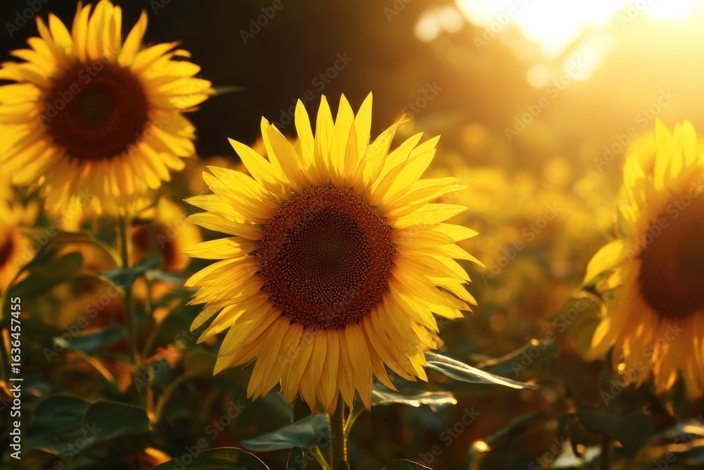 Fototapeta premium Sunflowers field with golden light, vibrant yellow petals in summer season