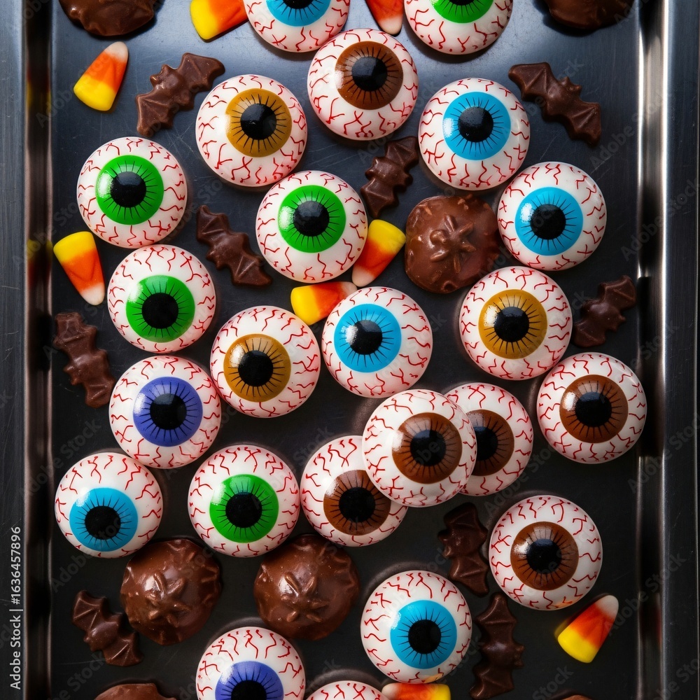 Fototapeta premium A tray of halloween eyeball candies and chocolates with candy corn and bat decorations