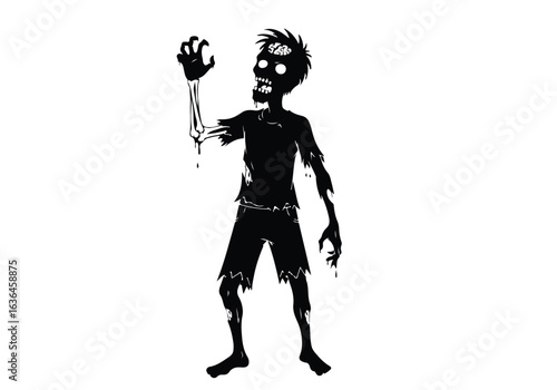 Silhouette of a terrifying zombie with outstretched arm, isolated on white background