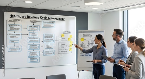Healthcare team collaborating on revenue cycle management strategies. Business professionals analyzing workflows for optimization and efficiency. Illustrates planning and teamwork.