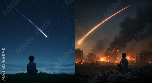 Innocence and destruction, a child watches a shooting star and a missile in a warzone diptych
