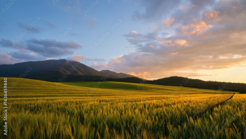 Fototapeta premium A scenic view of a wheat field with mountains in the background under a cloudy sky at sunset time