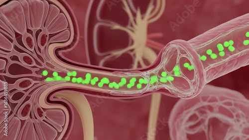 Detailed illustration of human kidney function showing blood flow and filtration process with highlighted elements