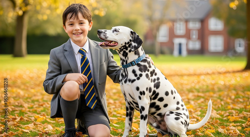 Boy in school uniform with a dalmation dog