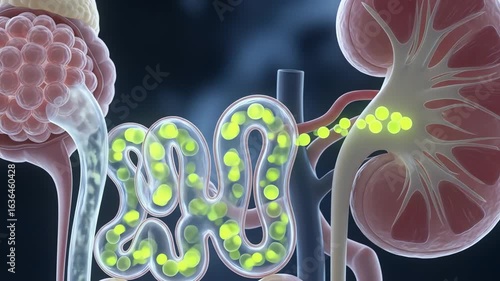 Detailed illustration of human kidney function, showcasing filtration and absorption processes