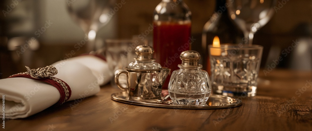 Fototapeta premium Elegant Table Setting: A beautifully arranged table setting, featuring crystal glassware, decorative salt and pepper shakers, a napkin, and a selection of drinks.