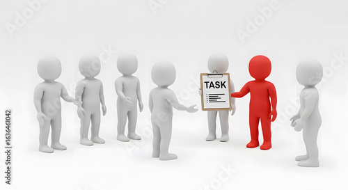 A red person holds clipboard named TASK while surrounded by white figures