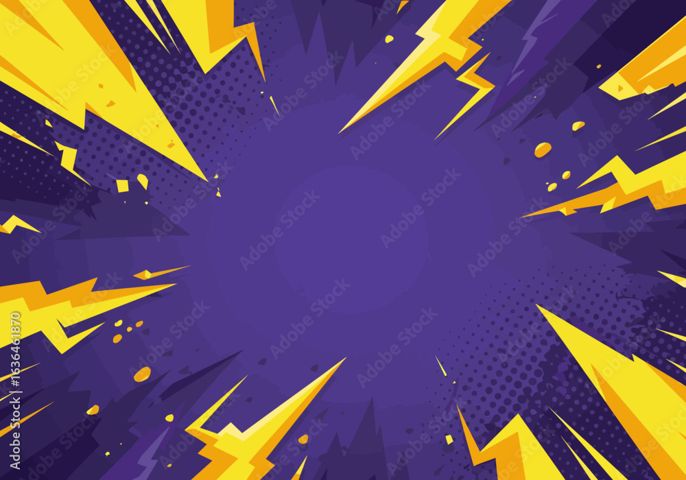 A graphic background with yellow lightning bolts radiating from the edges on a dotted violet backdrop