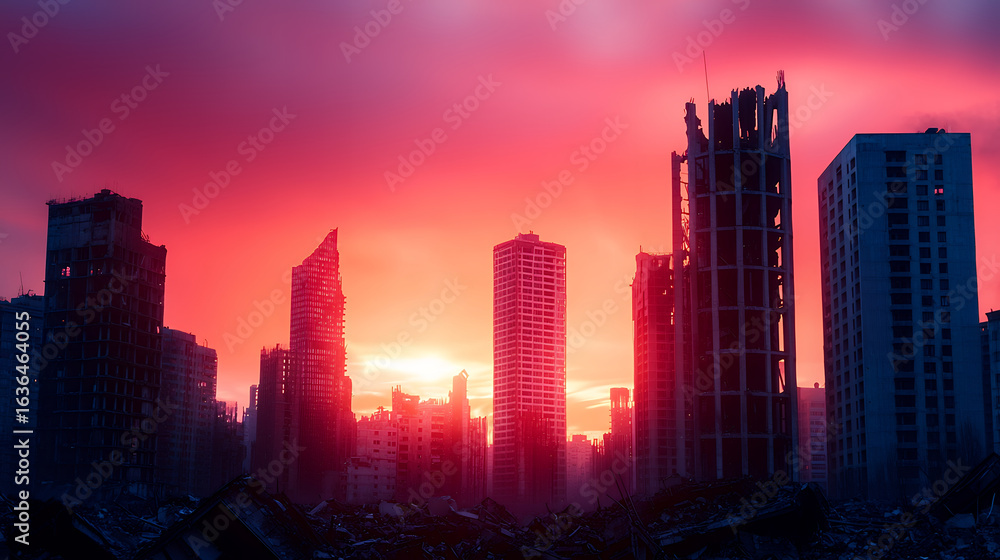 Fototapeta premium Dramatic sunset illuminates city skyline with partially destroyed skyscrapers, creating haunting yet beautiful atmosphere