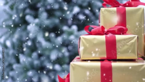 Sparkling Christmas Gifts: Festive Gold Boxes with Red Ribbons Under Falling Snow