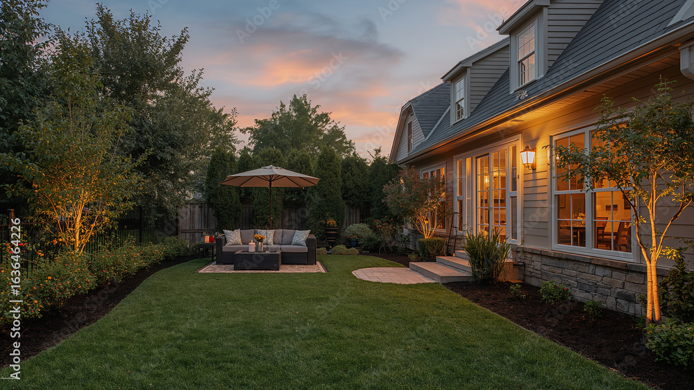 Obraz premium Aesthetic backyard at golden hour with warm garden lights, outdoor furniture, and perfect home exterior inspiration 4k image