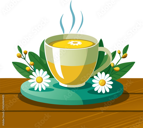 Cup of chamomile tea on a wooden table