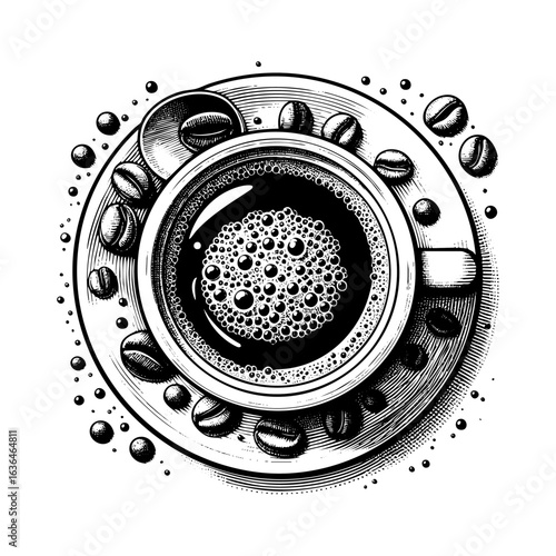 cup of coffee top view	sketch engraving generative ai vector illustration. Scratch board imitation. Black and white image.