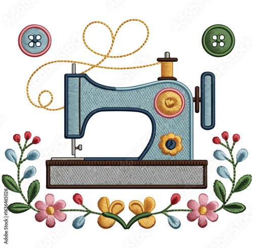 A detailed vintage sewing machine with a needle, thread spool, and other tailoring accessories for clothing and textile crafts
