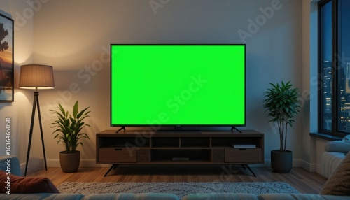 The interior of a chic loft apartment featuring a TV set and a green screen mock-up display on a television stand.  A vacant living room at home, including a chroma key placeholder on the screen.  A n