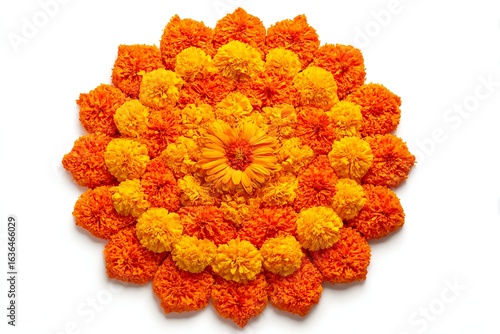 Floral rangoli made of marigold flowers on a white background