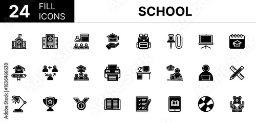 Collection of 24 School fill icons featuring editable strokes. These outline icons depict various modes of School, Study, Education, Back to School, Icon, Book, Classroom, Diploma, Learning,