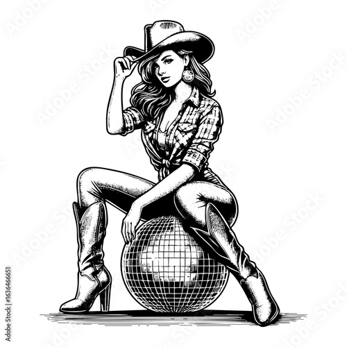 cowgirl wear cowboy hat sitting on disco ball	Vintage woodcut engraving style vector illustration isolated on white
