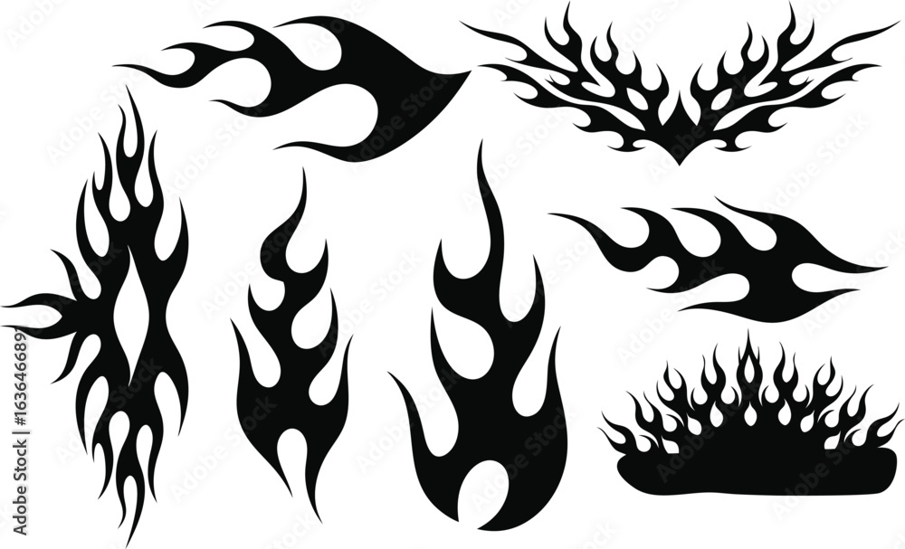 Obraz premium Flame tattoo silhouettes. motorcycle and hot rod car style. Old school, retro tattoos. Black and white flame silhouette and outline style. Retro fire aesthetics, with flames. Vector set 