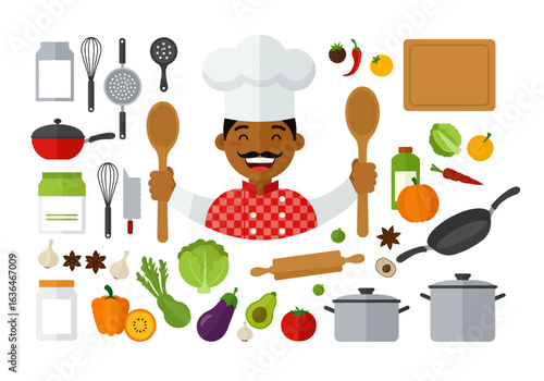Cheerful Chef with Wooden Spoons Surrounded by Kitchen Utensils and Vegetables