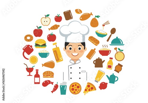 Cartoon Chef Surrounded by Food Icons in a Circular Arrangement