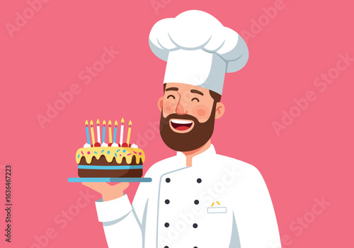 Happy Chef Holding Birthday Cake with Candles