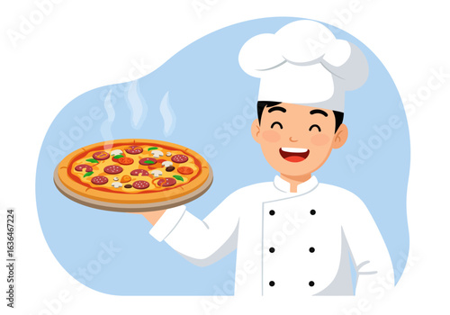 Smiling Chef Holding a Freshly Baked Pizza
