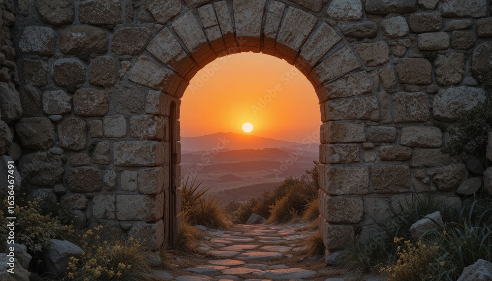Fototapeta premium View of an Orange Sunset Through an Old Stone Doorway
