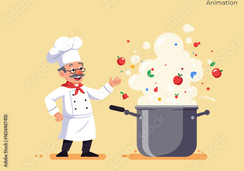 Cartoon Chef with Pot of Food and Ingredients
