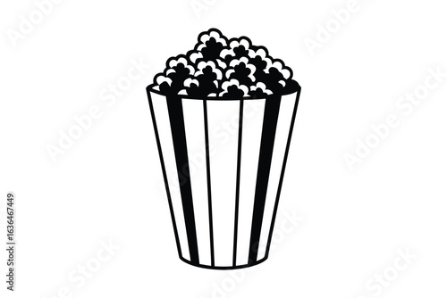 Striped Popcorn Bucket Full of Kernels Black and White Graphic silhouette