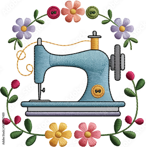 Vintage sewing machine with fabric and threads for home textile design