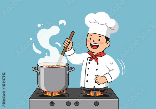 Cartoon Chef Stirring a Pot on the Stove with Steam Rising