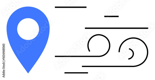 Blue location pin beside flowing black wind-thumbs up lines suggesting speed, movement, and efficiency. Ideal for logistics, delivery, travel, mobility, location services, navigation simple landing