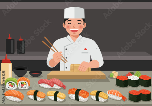 Smiling Sushi Chef Preparing Nigiri and Maki Rolls at Counter