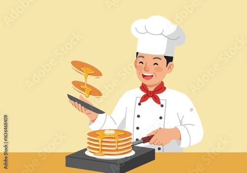 Cheerful Chef Preparing Pancakes with Syrup and Butter