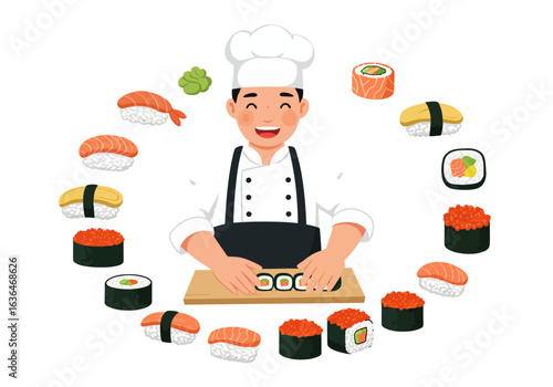 Smiling Chef Making Sushi Rolls with Various Toppings and Ingredients