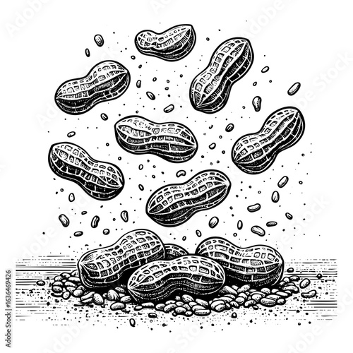 falling peanuts Black and White Engraving Vector Illustration
