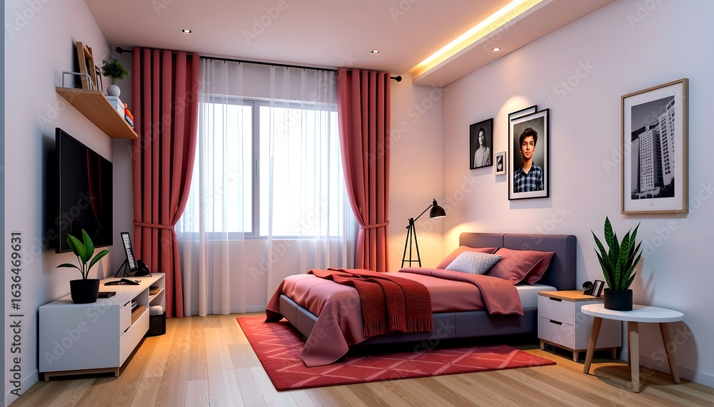 Fototapeta premium Modern Bedroom with Red Linens