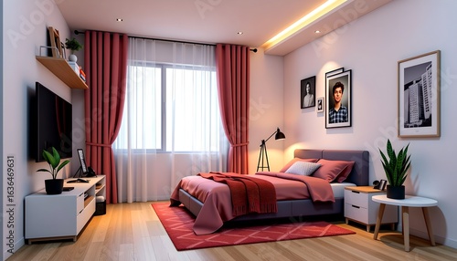 Modern Bedroom with Red Linens