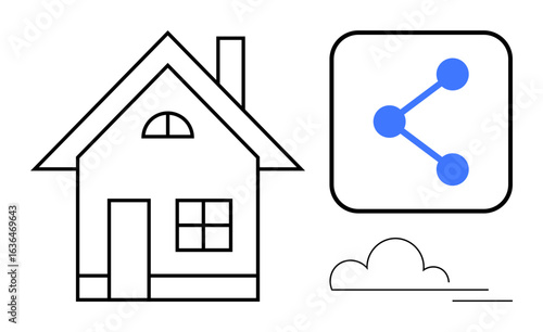 Black outline of a house, blue share icon, and cloud design. Ideal for real estate, networking, remote work, communication, digital marketing, sustainability and simple landing page